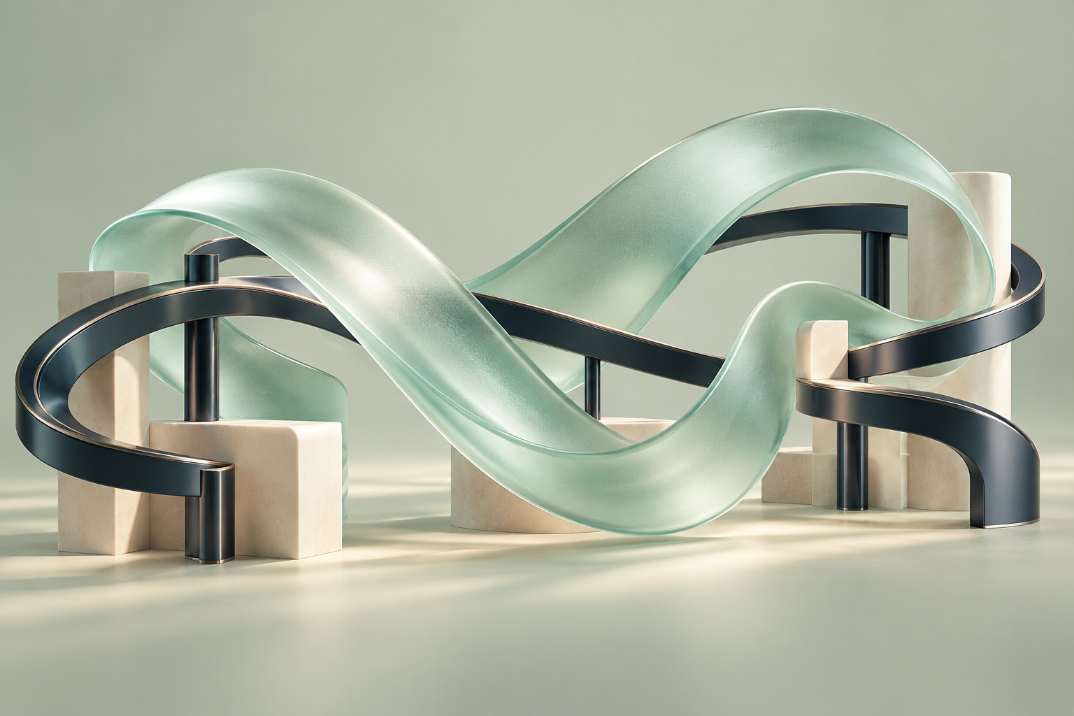 Interwoven mint glass and navy ribbons representing connected business systems